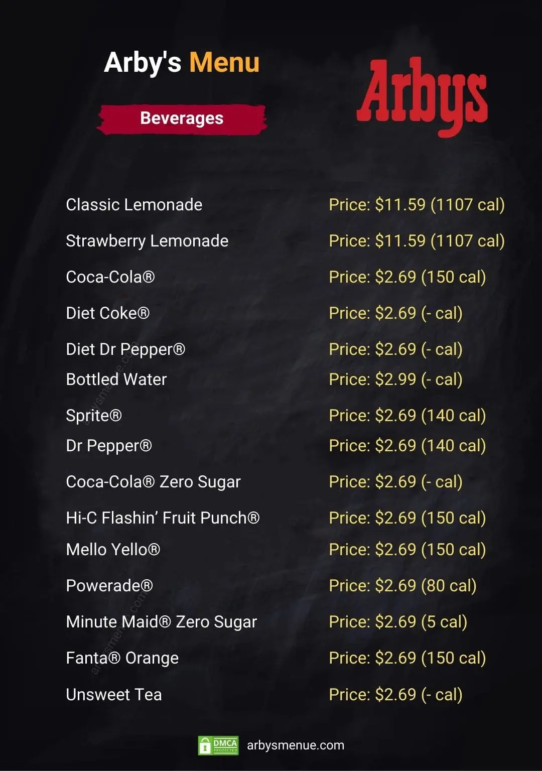 Arby’s Beverages Printable Menu