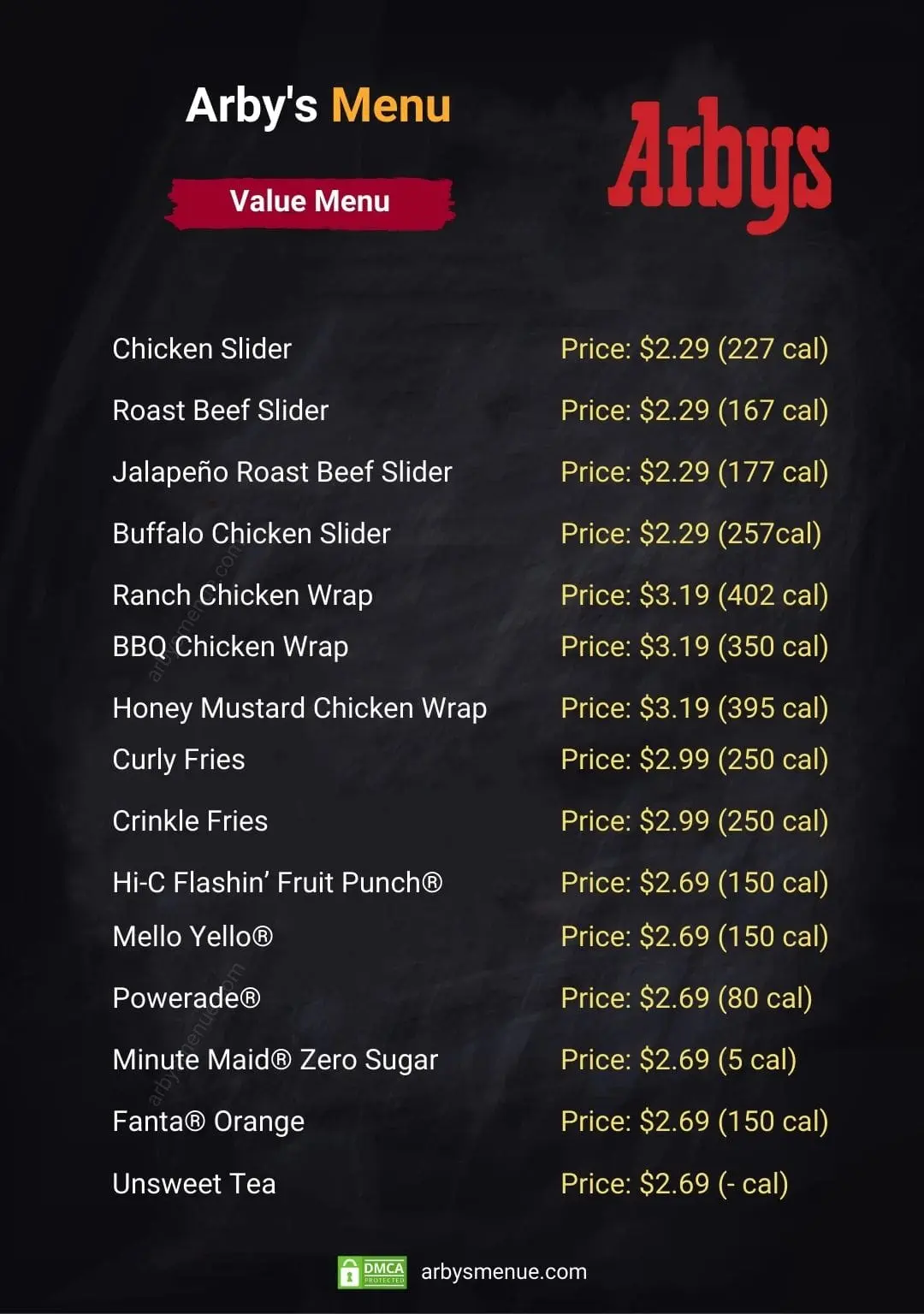 Arby’s Value Printable Menu